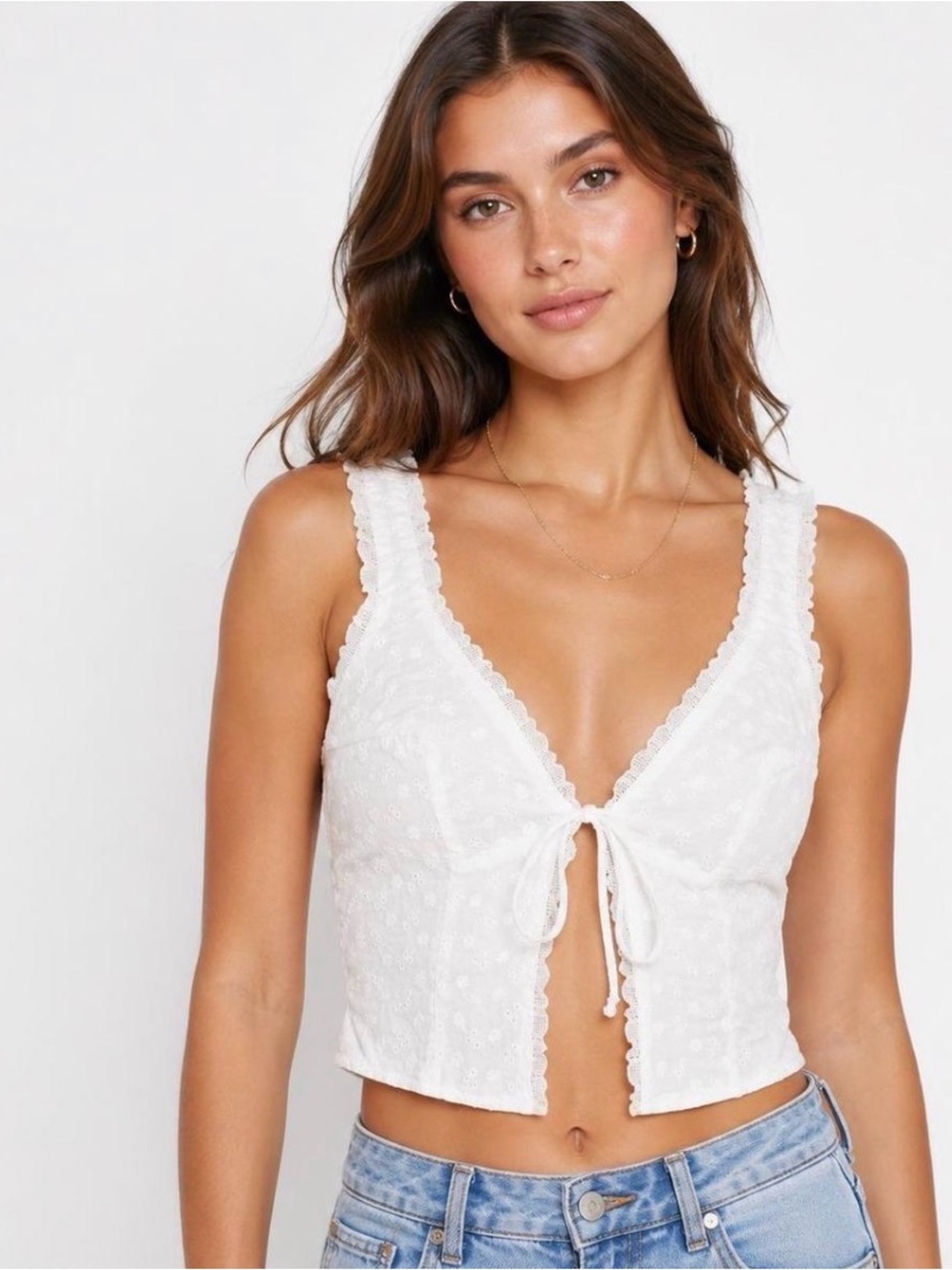 Women's White Eyelet Tie-Front Crop Top